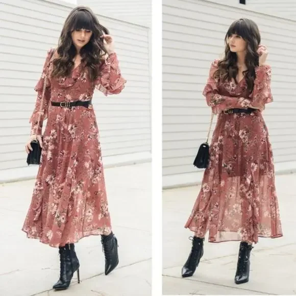 WAYF - Pink Floral Long Sleeve Midi Dress - Picture 1 of 9
